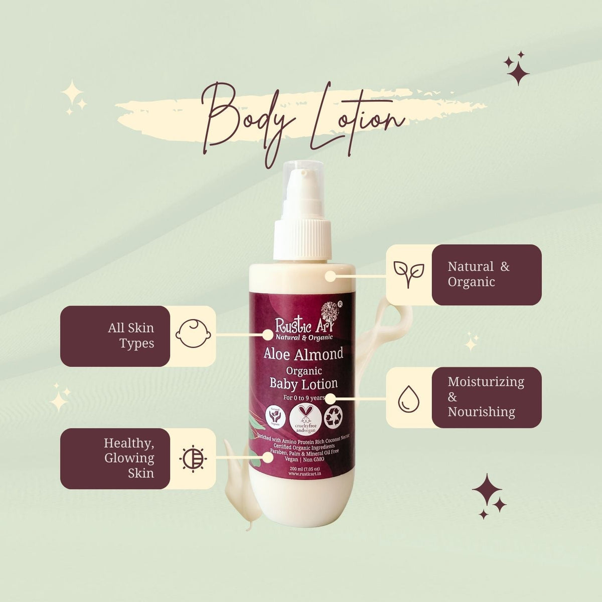 Aloe Almond Baby Lotion with Vit. E (200ml), Rustic Art
